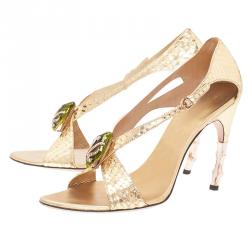 مملوكة مسبقًا Gucci Metallic Gold Python Jeweled Bamboo Heel Sandals Size 38.5 