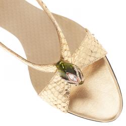مملوكة مسبقًا Gucci Metallic Gold Python Jeweled Bamboo Heel Sandals Size 38.5 