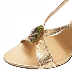 مملوكة مسبقًا Gucci Metallic Gold Python Jeweled Bamboo Heel Sandals Size 38.5 