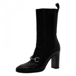 Pre Owned Gucci Black Leather and Elastic Horsebit Ankle Boots Size 36
