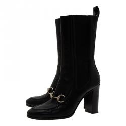Pre Owned Gucci Black Leather and Elastic Horsebit Ankle Boots Size 36