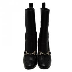 Pre Owned Gucci Black Leather and Elastic Horsebit Ankle Boots Size 36