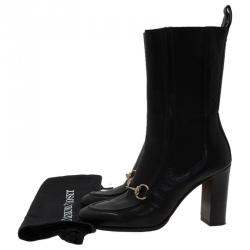 Pre Owned Gucci Black Leather and Elastic Horsebit Ankle Boots Size 36