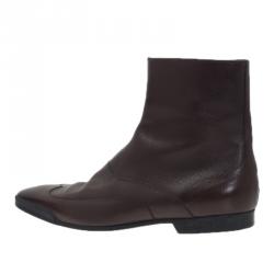 Pre Owned Gucci Brown Leather Flat Mid Calf Boots Size 42