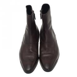 Pre Owned Gucci Brown Leather Flat Mid Calf Boots Size 42