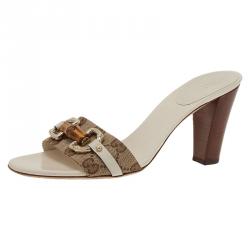 Pre Owned صندل سلايد غوتشي هورسبت بامبو جلد أبيض وكانفاس غوتشيسيما مقاس 38