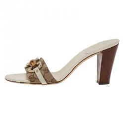 Pre Owned صندل سلايد غوتشي هورسبت بامبو جلد أبيض وكانفاس غوتشيسيما مقاس 38