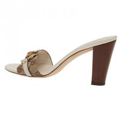 Pre Owned صندل سلايد غوتشي هورسبت بامبو جلد أبيض وكانفاس غوتشيسيما مقاس 38