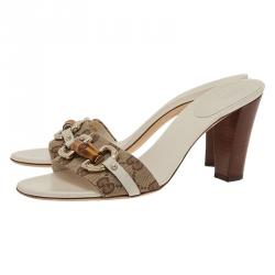 Pre Owned صندل سلايد غوتشي هورسبت بامبو جلد أبيض وكانفاس غوتشيسيما مقاس 38