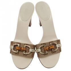 Pre Owned صندل سلايد غوتشي هورسبت بامبو جلد أبيض وكانفاس غوتشيسيما مقاس 38
