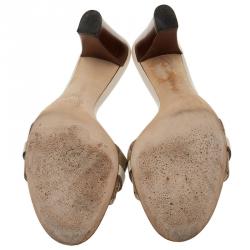 Pre Owned صندل سلايد غوتشي هورسبت بامبو جلد أبيض وكانفاس غوتشيسيما مقاس 38