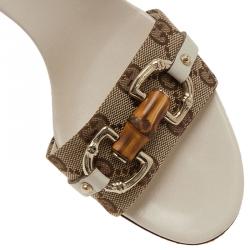 Pre Owned صندل سلايد غوتشي هورسبت بامبو جلد أبيض وكانفاس غوتشيسيما مقاس 38