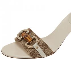 Pre Owned صندل سلايد غوتشي هورسبت بامبو جلد أبيض وكانفاس غوتشيسيما مقاس 38