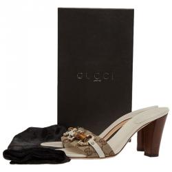 Pre Owned صندل سلايد غوتشي هورسبت بامبو جلد أبيض وكانفاس غوتشيسيما مقاس 38