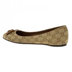 مملوكة مسبقًا Gucci Beige Guccissima Canvas Bamboo Bow Tassel Ballet Flats Size 39.5