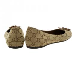 مملوكة مسبقًا Gucci Beige Guccissima Canvas Bamboo Bow Tassel Ballet Flats Size 39.5