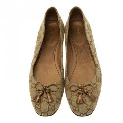 مملوكة مسبقًا Gucci Beige Guccissima Canvas Bamboo Bow Tassel Ballet Flats Size 39.5