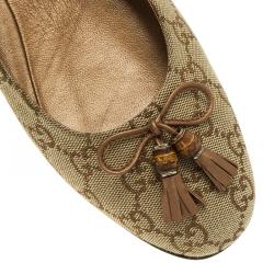 مملوكة مسبقًا Gucci Beige Guccissima Canvas Bamboo Bow Tassel Ballet Flats Size 39.5