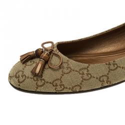 مملوكة مسبقًا Gucci Beige Guccissima Canvas Bamboo Bow Tassel Ballet Flats Size 39.5