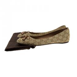 مملوكة مسبقًا Gucci Beige Guccissima Canvas Bamboo Bow Tassel Ballet Flats Size 39.5