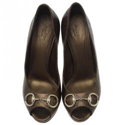 Pre Owned حذاء كعب عالي غوتشي نيو هوليوود هورسبيت جلد بني داكن غوتشيسيما مقدمة مفتوحة مقاس 38