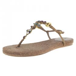 Pre Owned Gucci Brown Suede Camel Jeweled Jute Thong Sandals Size 37.5
