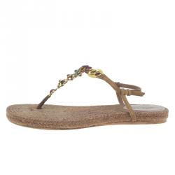 Pre Owned Gucci Brown Suede Camel Jeweled Jute Thong Sandals Size 37.5