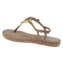 Pre Owned Gucci Brown Suede Camel Jeweled Jute Thong Sandals Size 37.5