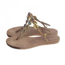 Pre Owned Gucci Brown Suede Camel Jeweled Jute Thong Sandals Size 37.5