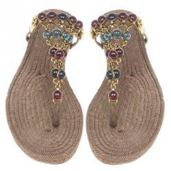 Pre Owned Gucci Brown Suede Camel Jeweled Jute Thong Sandals Size 37.5