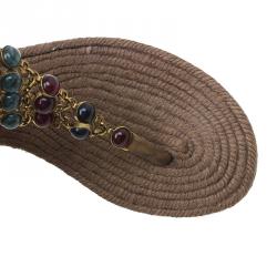 Pre Owned Gucci Brown Suede Camel Jeweled Jute Thong Sandals Size 37.5