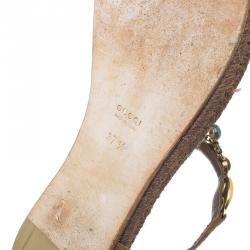 Pre Owned Gucci Brown Suede Camel Jeweled Jute Thong Sandals Size 37.5
