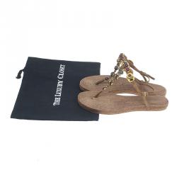 Pre Owned Gucci Brown Suede Camel Jeweled Jute Thong Sandals Size 37.5