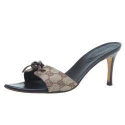 Pre Owned Gucci Beige Guccissima Canvas Knotted Bow Mules Size 37.5