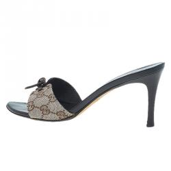 Pre Owned Gucci Beige Guccissima Canvas Knotted Bow Mules Size 37.5