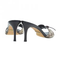 Pre Owned Gucci Beige Guccissima Canvas Knotted Bow Mules Size 37.5