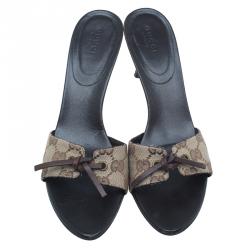 Pre Owned Gucci Beige Guccissima Canvas Knotted Bow Mules Size 37.5