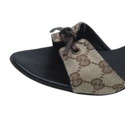 Pre Owned Gucci Beige Guccissima Canvas Knotted Bow Mules Size 37.5