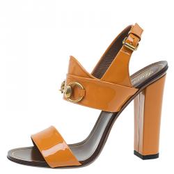 Pre Owned Gucci Yellow Patent Horsebit Ankle Strap Sandals Size 35.5