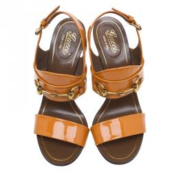 Pre Owned Gucci Yellow Patent Horsebit Ankle Strap Sandals Size 35.5