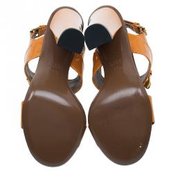 Pre Owned Gucci Yellow Patent Horsebit Ankle Strap Sandals Size 35.5