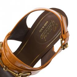 Pre Owned Gucci Yellow Patent Horsebit Ankle Strap Sandals Size 35.5