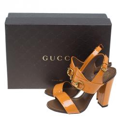 Pre Owned Gucci Yellow Patent Horsebit Ankle Strap Sandals Size 35.5
