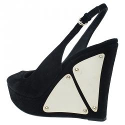 مملوكة مسبقًا Gucci Black Suede Peep Toe Slingback Platform Wedge Sandals Size 36