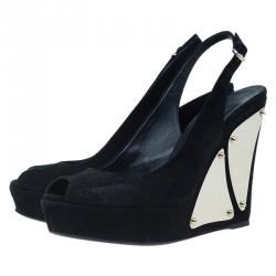 مملوكة مسبقًا Gucci Black Suede Peep Toe Slingback Platform Wedge Sandals Size 36