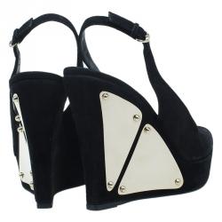 مملوكة مسبقًا Gucci Black Suede Peep Toe Slingback Platform Wedge Sandals Size 36