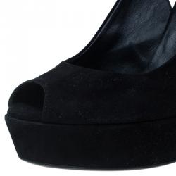 مملوكة مسبقًا Gucci Black Suede Peep Toe Slingback Platform Wedge Sandals Size 36