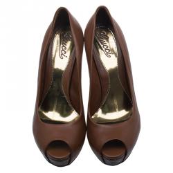 مملوكة مسبقًا Gucci Brown Leather Sofia Peep Toe Platform Pumps Size 39