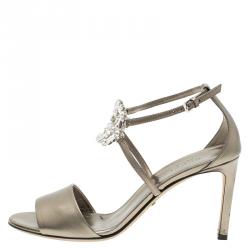 Pre Owned صندل غوتشي جلد برونزي ميتاليك شعار GG المرصع بحزام للكاحل مقاس 37