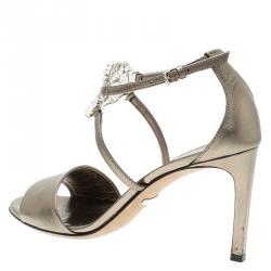 Pre Owned صندل غوتشي جلد برونزي ميتاليك شعار GG المرصع بحزام للكاحل مقاس 37